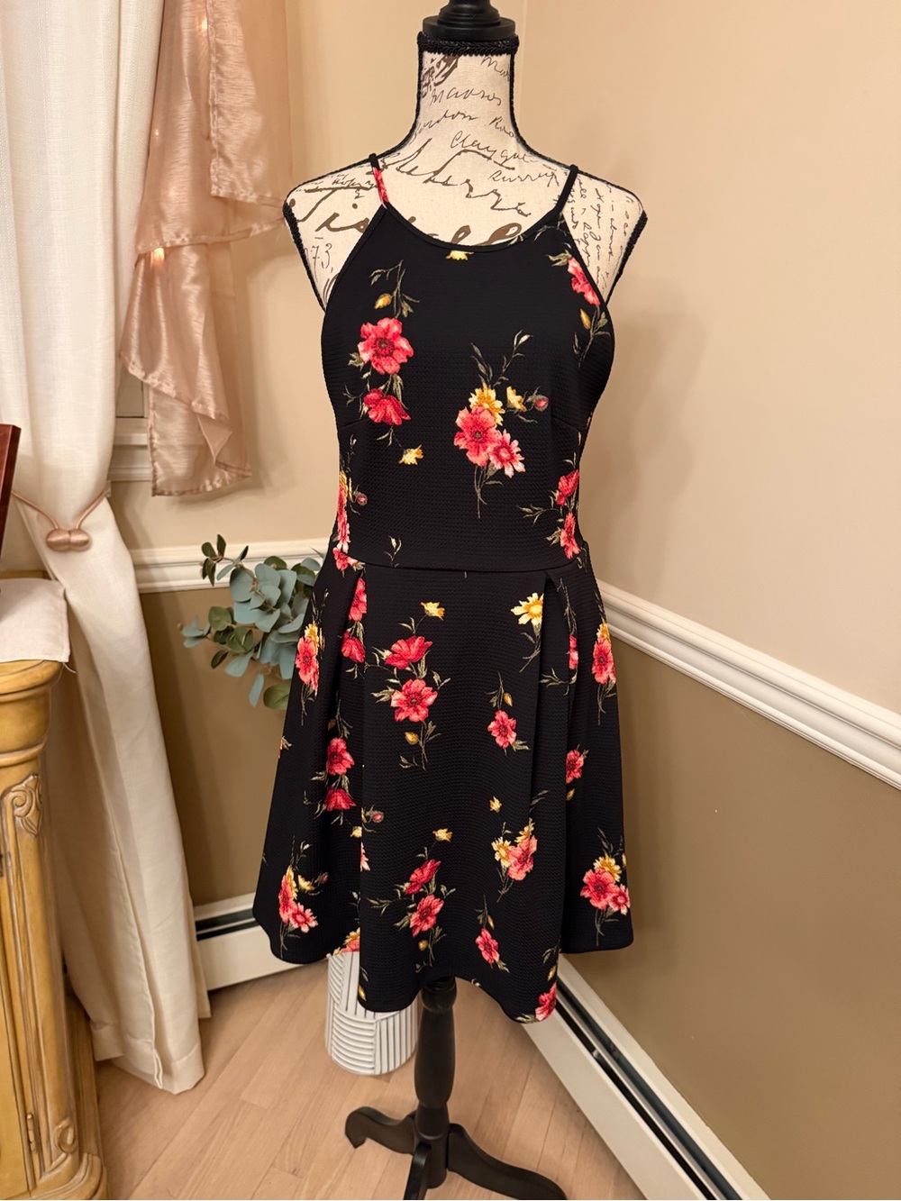 Soprano Black Halter Floral Romper with Pink & Yellow Blooms/Med/NWT